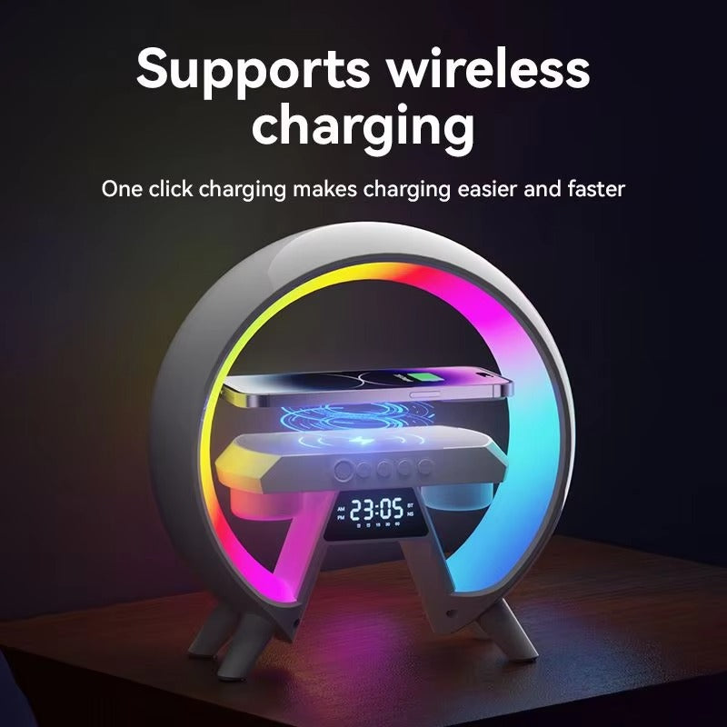 G Shape 3 in 1 Wireless Charger Lamp Speaker Wireless Charger With Speaker Light and Clock Transparent Speaker