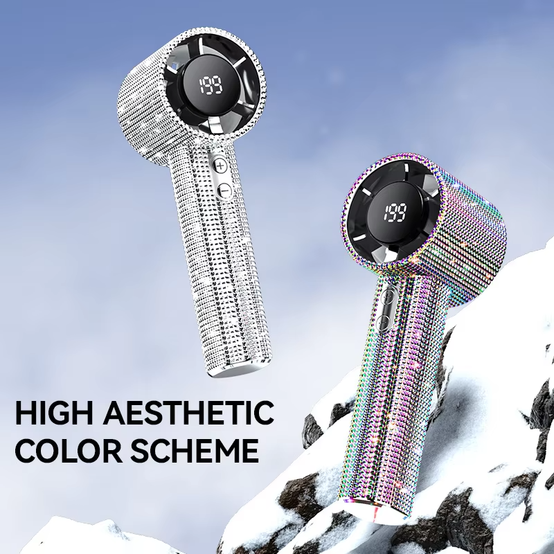 Mini Portable Handheld Fan Diamond Style 199 Speed Digital Display High-Speed Battery Shiny