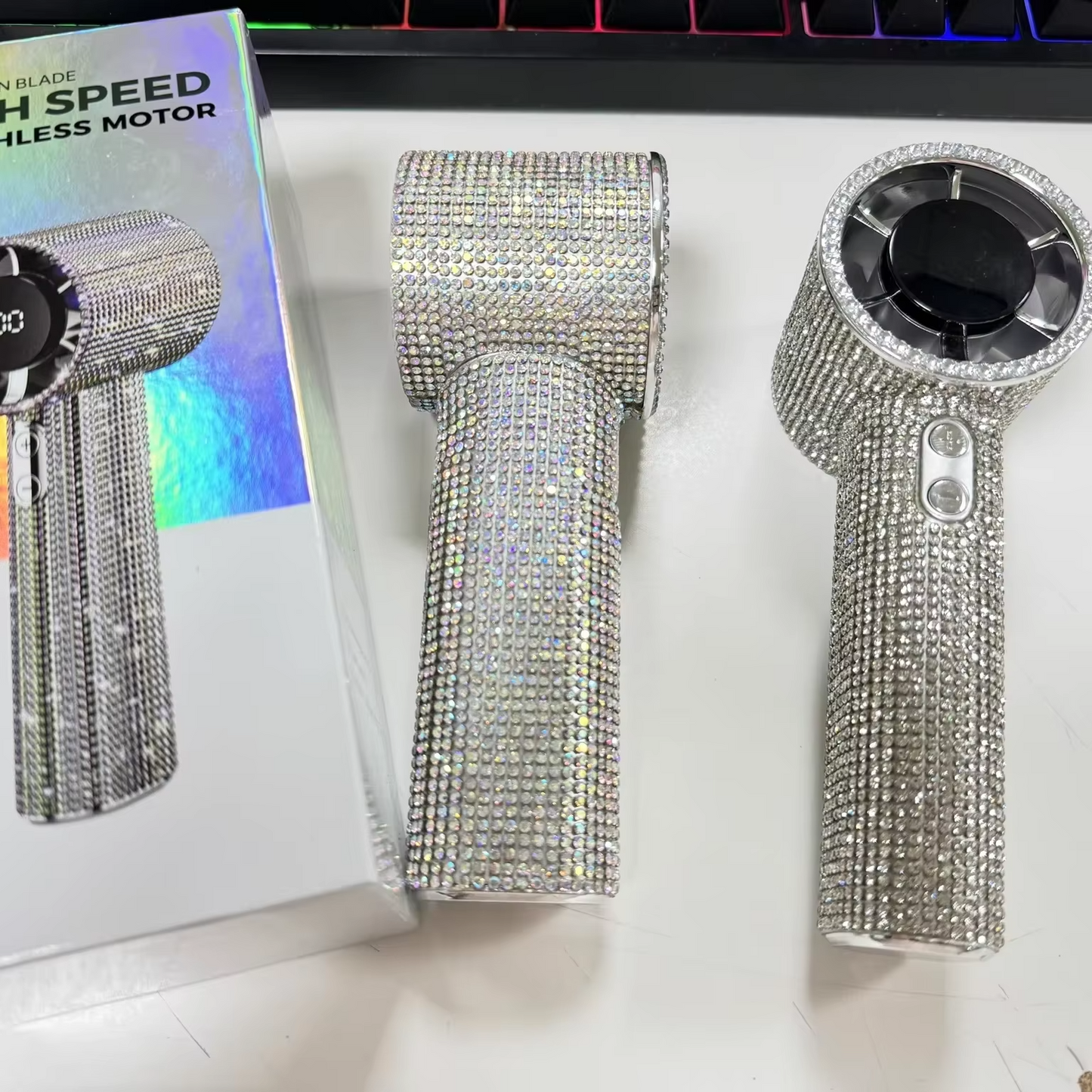 Mini Portable Handheld Fan Diamond Style 199 Speed Digital Display High-Speed Battery Shiny