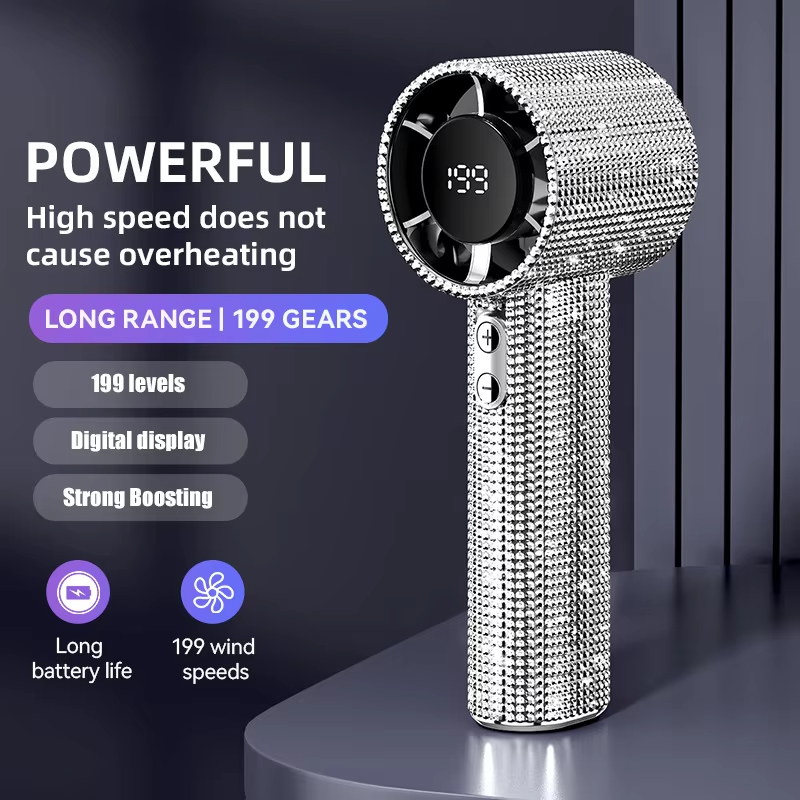 Mini Portable Handheld Fan Diamond Style 199 Speed Digital Display High-Speed Battery Shiny